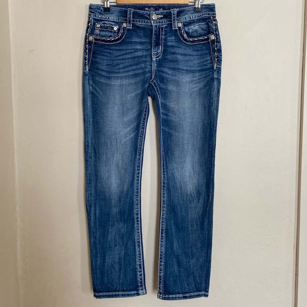 Miss Me Low Rise Boot Cut Medium Wash Bejeweled Bling Jeans Women’s Size 29